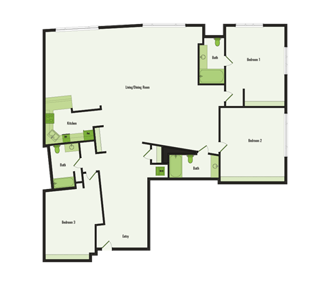 Floor plan for 3 beds, 2 baths, 1740 sqft